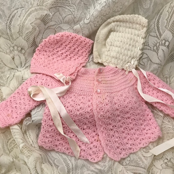 Vintage Pink Baby Sweater and Cap Set, Infant Size, Hand Knit, Pale Pink - Picture 1 of 8